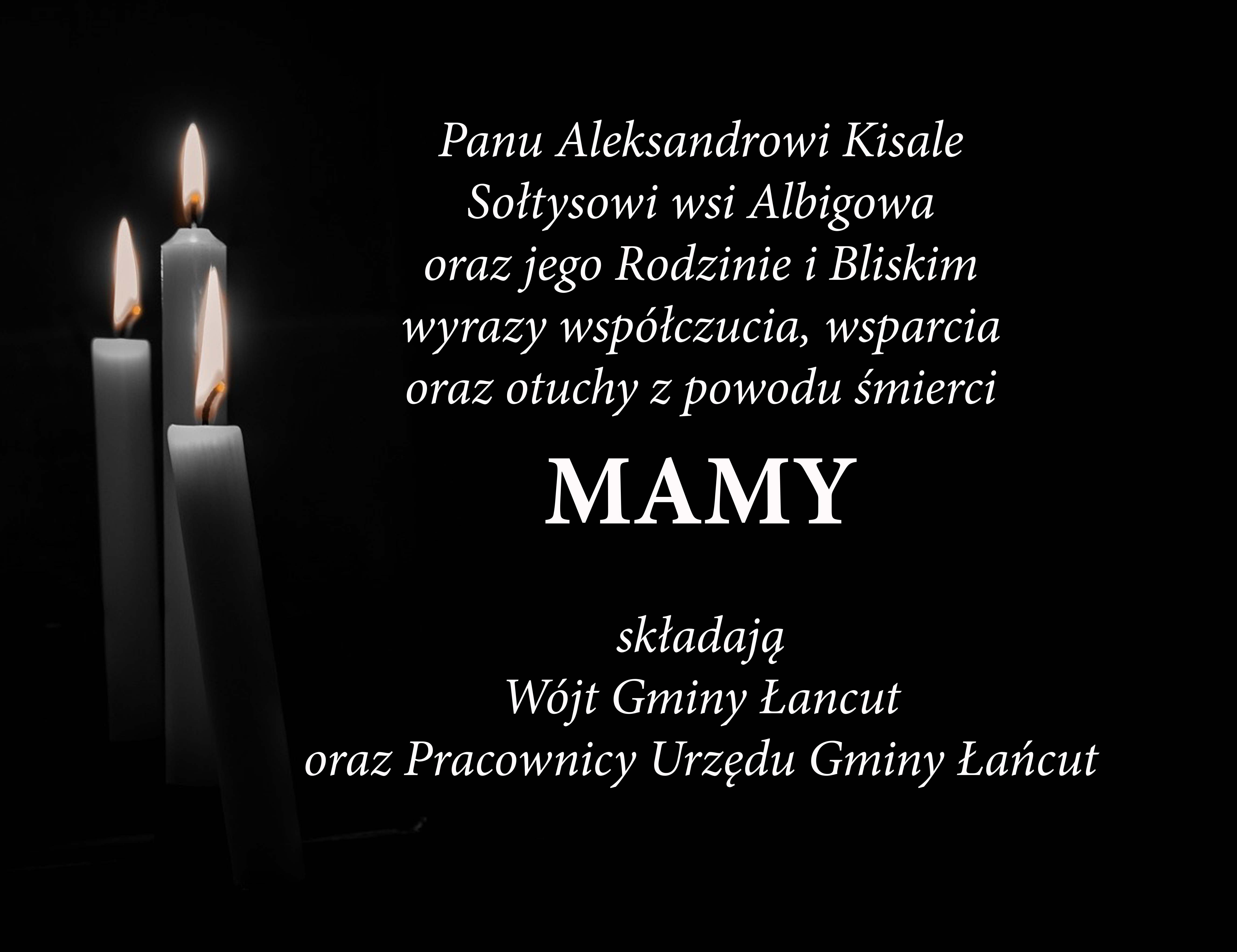 Treść kondolencji dla sołtysa Aleksandra Kisały na czarnym tle biały napis