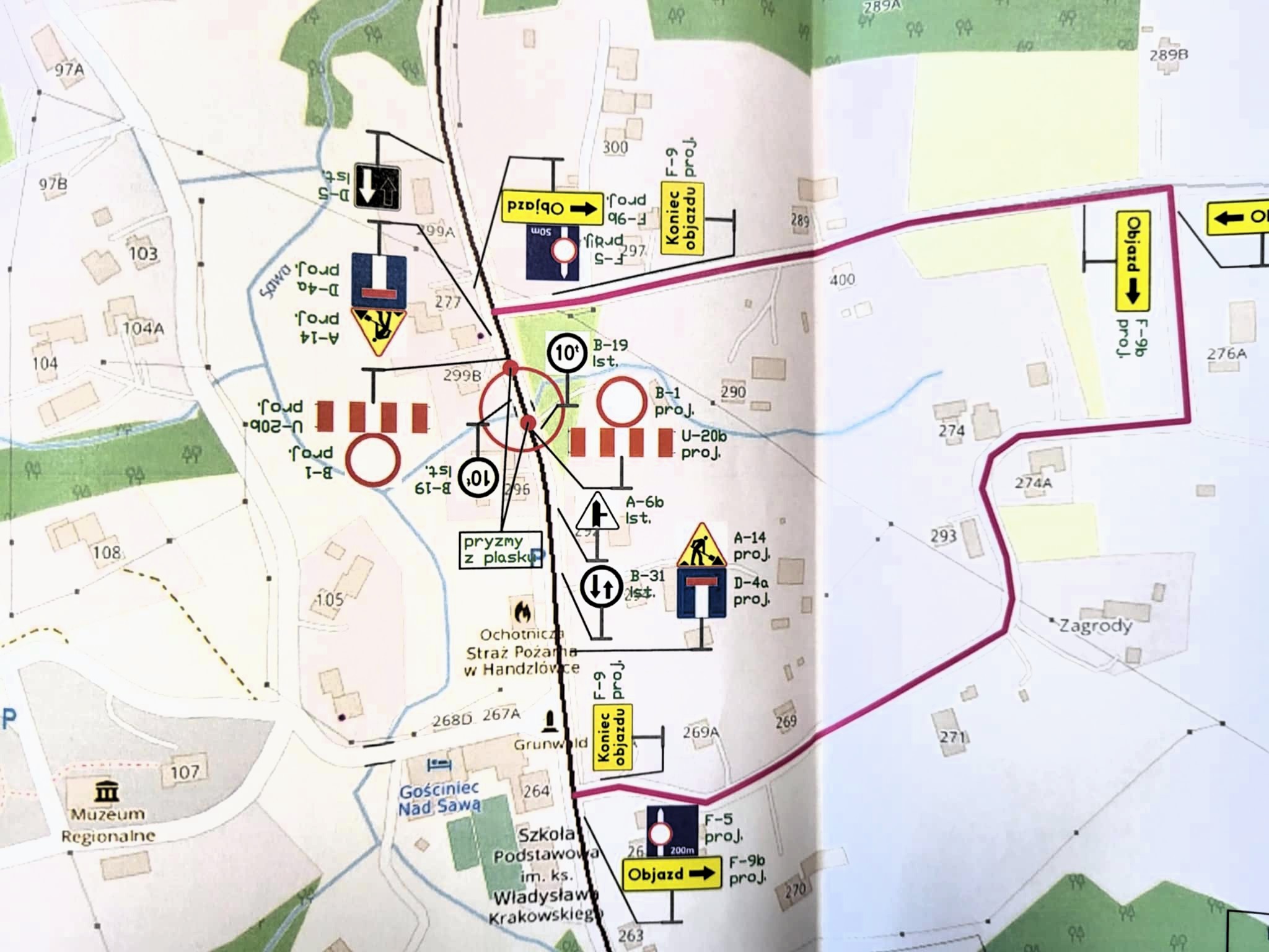 mapka objazd droga powiatowa w handzlowce